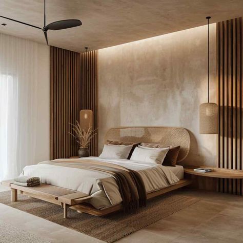 Modern Unique Bedroom Design, Bedroom Design Brown, Bedroom Japanese Style, Bedroom Japandi, Japandi Bedroom Ideas, Japandi Bedroom Design, Japanese Style Bedroom, Japandi Bedroom, Japandi Interior Design