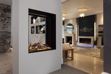 Double-Sided & Tunnel Fireplaces Nottingham & Derby | The Fireplace Studio Fireplace Middle Of Room, In Fireplace Decor, Biofuel Fireplace, Double Sided Electric Fireplace, Double Sided Gas Fireplace, Wall Gas Fires, Wood Fireplace Surrounds, Fireplace Gallery, Electric Fireplace Suites