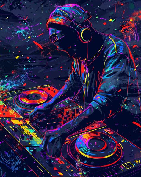 Vibrant Blacklight Illustration: DJ Turntables & Headphones in Neon Lighting Dj Turntables Art, Anime Dj Art, Dance Poster Design Graphics, Dj Event Poster, Sketch Exercises, Dj Artwork, Dj Illustration, Posters Event, Turntables Art