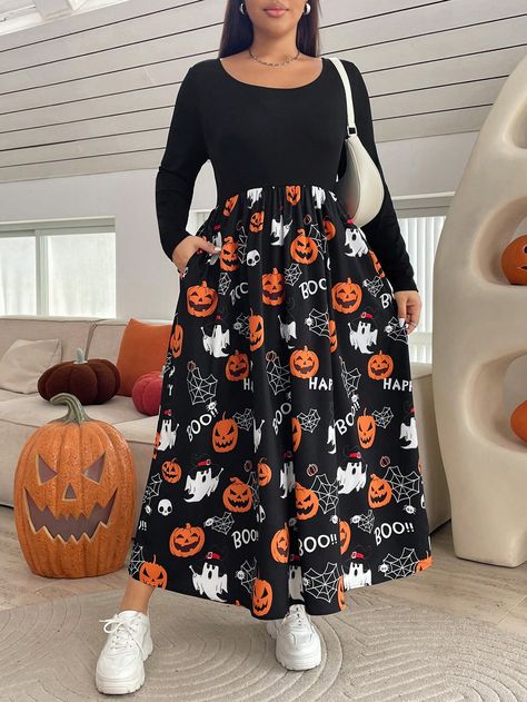 Plus-Size Women's Halloween Dress, Black Dress, 2 Pocket Pumpkin Dress,Witchy Clothes Midi Women Dresses,Fall Women Dresses Long Black Dress,Halloween Clothes Plus Black Skirt Black Casual  Long Sleeve Woven Fabric Colorblock,Halloween,Letter A Line Non-Stretch  Women Plus Clothing, size features are:Bust: ,Length: ,Sleeve Length: Black Dress Halloween, Dresses Long Black, Leopard Tights, Witchy Clothes, Pumpkin Dress, Halloween Clothes, Dresses Fall, Long Black Dress, Halloween Dress