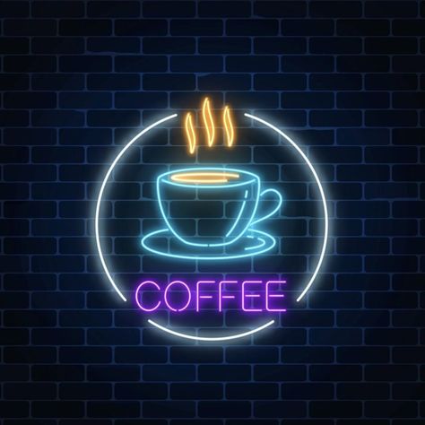 Background Light Effect, Dark Brick Wall, Neon Coffee, Coffee Neon Sign, Restaurant Table Design, Coffee Neon, Coffee Cup Icon, Bar Business, Coffee Shop Interior Design