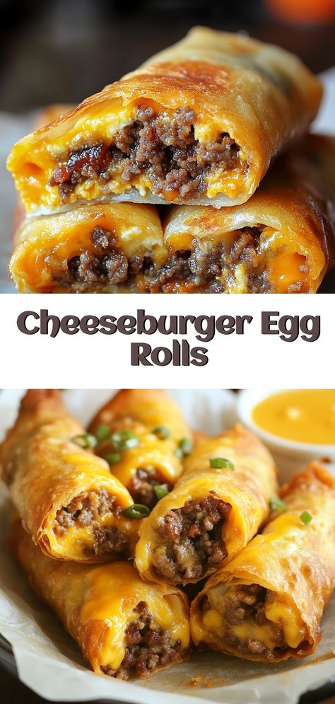 Cheeseburger Egg Rolls Sweet Egg Roll Recipes, Egg Rolls In The Oven, Puff Pastry Egg Rolls, Texas Egg Rolls Roadhouse, Sausage Egg Rolls Recipe, Mushroom Egg Rolls, Crunchy Lunch Ideas, Egg Roll Appetizers For Party, Chicken Alfredo Egg Rolls