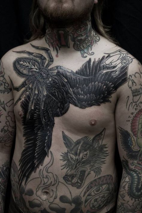 crow and spider Tattoos Arm Mann, Mens Body Tattoos, Thomas Hooper, Military Tattoo, Latest Tattoo Design, Throat Tattoo, Saved Tattoo, Blackout Tattoo, Intricate Tattoo