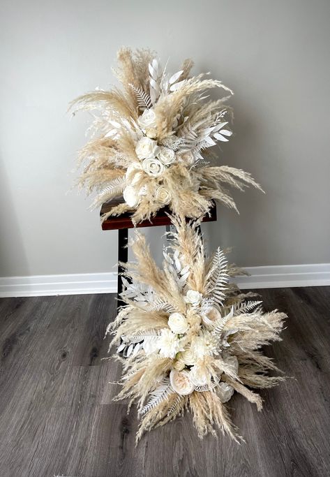 "This listing includes 1 custom arrangement. Size of each arrangement is 18\" by 15\". Matching bouquets: https://www.etsy.com/listing/1580901960/orchid-boho-tropical-white-ivory-wedding?ref=listing_published_alert Matching stand centrepieces: https://www.etsy.com/listing/1580901960/orchid-boho-tropical-white-ivory-wedding?ref=listings_manager_grid Colors can be changed, removed or substituted for other colors.  Please feel free to leave a note for any additional instructions! If you have any qu Boho Beach Centerpieces Wedding, Simple Church Wedding Decorations Aisle, Neutral Wedding Table Setting, Boho Wedding Aisle, White Green Decor, Feather Wedding Decorations, Wedding Aisles, Arch Arrangement, Beach Centerpieces