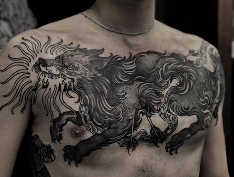 Cultist Tattoo, Wolf Shoulder Tattoo, Wolf Back Tattoo, Wolf Chest Tattoo, Cerebus Dog Tattoo, Pec Tattoo, Woodblock Tattoo, Wolf Forearm Tattoo, Sasha Tattoo