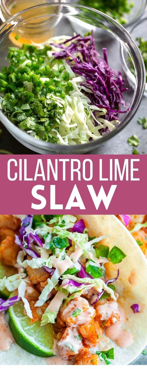 bowl of cilantro lime slaw with jalapeno peppers and honey and shrimp tacos with slaw Shrimp Taco Slaw Dressing, Fish Taco Cilantro Lime Sauce, Shrimp Tacos With Cilantro Lime Slaw, Lime Slaw For Fish Tacos, Slaw For Shrimp Tacos Easy, Veggies For Tacos, Coleslaw Recipe For Shrimp Tacos, Vegan Shrimp Tacos, Best Taco Toppings