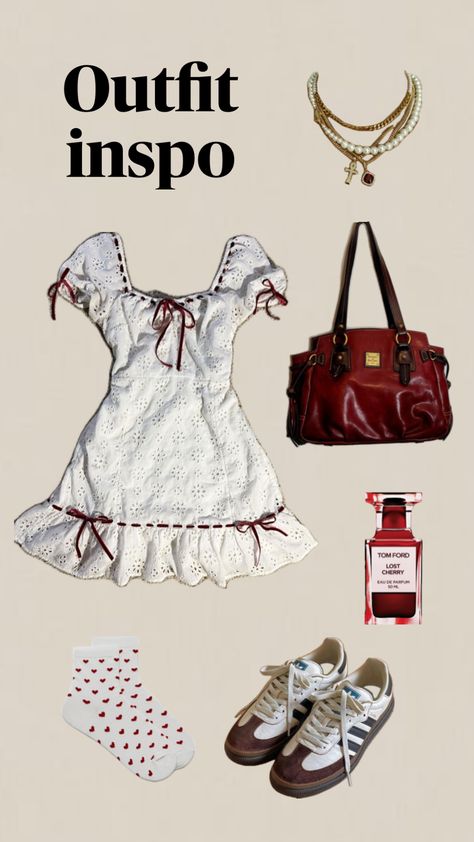 #coquette #lanacore #vintage #old #whitedress #sambas #darkred #outfit #outfitinspo #lanaaesthetic #cherry Old Coquette, Coquette Autumn, Autumn Outfits, + Core + Aesthetic, Tom Ford, Aesthetic Clothes, Fall Outfits, White Dress, Cherry