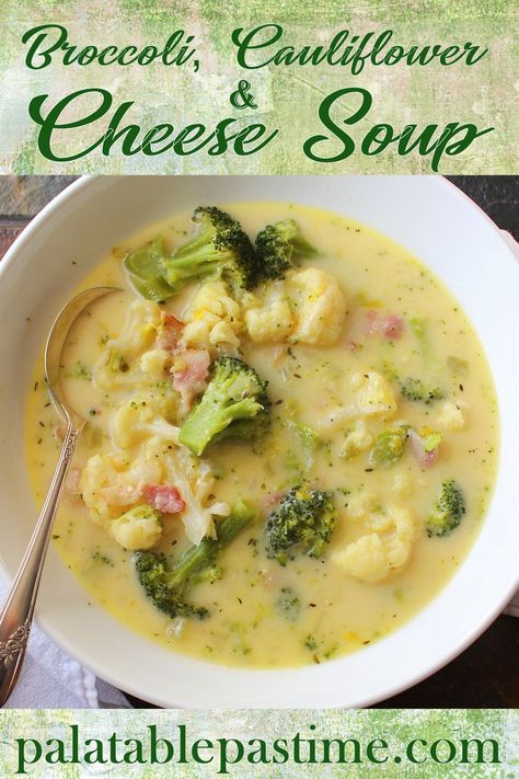 Broccoli, Cauliflower and Cheese Soup Broccoli Cauliflower Cheese Soup Crockpot, Cauliflower And Cheese Soup, Cauliflower And Cheese, Broccoli Cauliflower Soup, Cauliflower Cheese Soups, Artichoke Soup, Grilled Ham And Cheese, Food Soup, Ham Soup