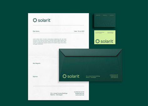 Solarit ™ Solar Energy Brand Identity :: Behance Corporate Stationary, Branding Moodboard, Modern Brand Identity, Minimalist Stationery, Green Branding, Stationary Branding, Architecture Logo, Logo Design Art, Letterhead Design