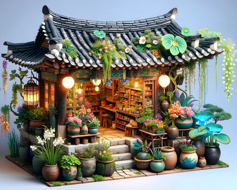 Hanok Harmony: A Fantasy Twist on Traditional Korean Florals Small Korean House, Korean Architecture Traditional, Asian Buildings, Vendor Stand, Hanok House, Korean Traditional House, Traditional Korean House, Korean Architecture, Korean House