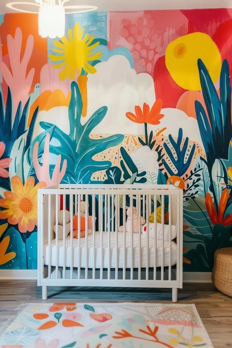 Creative Nursery Mural Ideas for Sweet Dreams Funky Baby Nursery, Colorful Baby Girl Nursery, Nursery Maximalist, Bright Nursery Ideas, Nursery Mural Ideas, Enchanting Nursery, Colorful Baby Nursery, Nursery Murals, Creative Nursery