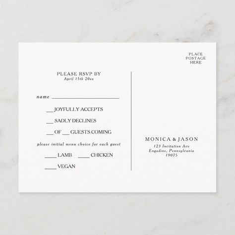 Classic Minimalist Menu Choice RSVP Card | #elegantfoodoptions #vintagemealindicatorresponse #minimalistfoodmenureplycard #classicentreechoice #simpledinnermenursvp #formalweddingmealselectioninvite #blackweddingfoodchoicersvp #classyblacktiess001 #simplisticindustrialwhitetypography #contemporarysimpleandelegantfont Moody Ocean, Ocean Watercolor, Postcard Wedding Invitation, Song Request, Formal Wedding Invitations, Rsvp Postcard, Classic Wedding Invitations, Classic Songs, Elegant Font