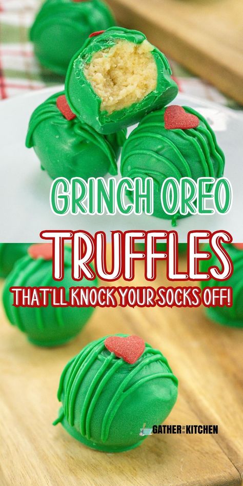 These are the cutest Grinch oreo truffles. These homemade DIY Christmas Oreo balls are delicious and the perfect Christmas treat. Grinch Truffles, Oreo Balls Christmas, Holiday Baking Gifts, Holiday Dips, Double Stuffed Oreos, Oreo Cheesecake Bites, Holiday Movie Night, Gluten Free Candy, Oreo Flavors