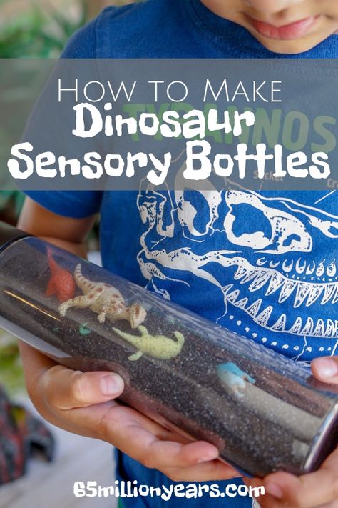 See how easy it is to make these dinosaur sensory bottles for when your child needs to calm down and relax. Dinosaur activities for kids | kids activities | sensory bottles diy | sensory activities Dinosaur Sensory Bottles, Diy Dinosaur Bones, Dinosaur Literacy Activities, Dinosaur Storytime, Preschool Dinosaur Crafts, Dinosaur Handprint Art, Sensory Bottles Diy, Dinosaur Slime, Toddler Crafts Ideas