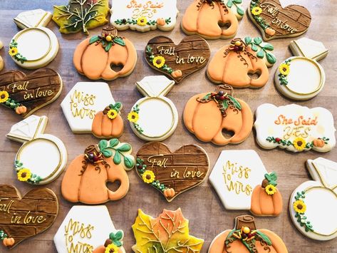 Autumnal Engagement Party, Fall Engagement Cookies Decorated, Cookies For Fall Wedding, Bridal Shower Cookies Fall, Fall Bridal Shower Cookies Decorated, Fall In Love Bridal Shower Cookies, Fall In Love Cookies, Fall Wedding Shower Cookies, Fall Wedding Sugar Cookies