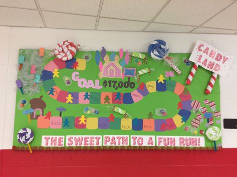 ”a sweet path to a fun run” For our fun run this year, I had this idea but couldn’t find any other boards advertising a fun run with candyland ... so I put a bunch of ideas together and this is the final result.... pool noodles, duck tape, and the Cricut.... if anyone else likes this board feel free to copy any of it. Fun Run Bulletin Board Ideas, Color Run Bulletin Board, Fun Run Bulletin Board, Candy Land Bulletin Board Ideas, Classroom Hallway Display, Fun Run Ideas School, Candyland Door Decorations, Candy Land Poster, Candy Land Bulletin Board