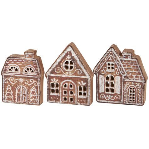 Gingerbread Village Chunky Sitter Set | Primitives By Kathy Gingerbread Village Decor, Laser Cut Gingerbread House, Gingerbread House Painting, Wood Gingerbread House, Wooden Christmas Houses, Wooden Gingerbread House, Decorating Fireplace, Vendor Ideas, Gingerbread Cottage