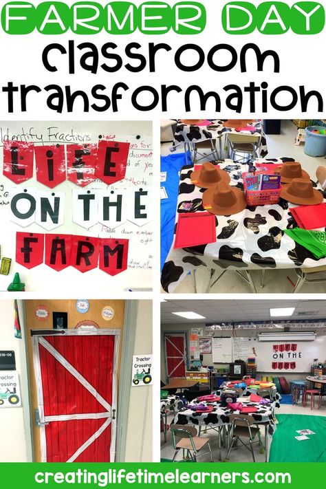 This picture shows a classroom decorated for a farmer classroom transformation day and has decorations to go with it. It shows a classroom with cow-themed cover on the table and a barn banner at the front door. Farm Classroom Decorations, Farm Math Activities, Farm Classroom Theme Decor, Farm Man, Detective Themed Classroom, Farm Kindergarten, Steam Activities Elementary, Farm Classroom Theme, Preschool Classroom Themes