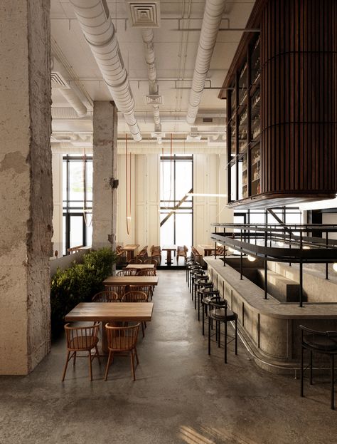 THE REST on Behance Industrial Restaurant Interior, Cafe Ideas Design, Industrial Coffee Shop, Cafe Bar Interior, Bistro Interior, Architecture Industrial, Industrial Cafe, Lake House Interior, Industrial Restaurant