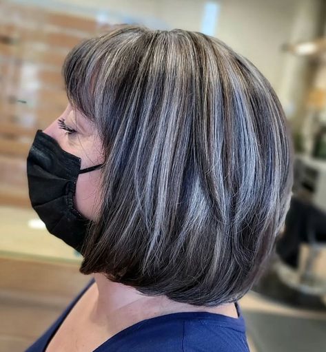 Gray Hair With Dark Lowlights, Gray Hair With Highlights, Dark Lowlights, Asymetrical Haircut, Dark Bob, Gray Blending, Ashy Hair, Straight Black Hair, Hair With Highlights