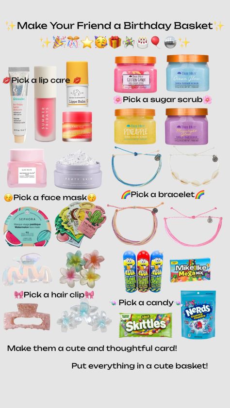 #beauty #outfitinspo #birthday #preppy #skincare Teen Birthday Gifts, Summer Birthday Gifts, Bur Basket, Birthday Preppy, Preppy Birthday Gifts, Summer Gift Ideas, Girly Gifts Ideas, Birthday Gift Basket, Making A Gift Basket