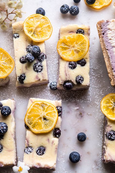 Blueberry Lemon Cheesecake Bars with Candied Lemon | halfbakedharvest.com #spring #easter #cheesecake #dessert Blueberry Lemon Cheesecake, Wallpapers Food, Deserts Recipes, Easter Cheesecake, Blueberry Cheesecake Bars, Lemon Blueberry Cheesecake, Half Baked Harvest Recipes, Lemon Cheesecake Bars, Spring Food