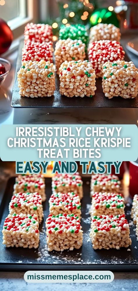 Indulge in the irresistible flavors of Christmas with these chewy Rice Krispie Treat Bites! This recipe is a holiday must-have that combines gooey marshmallows and crispy cereal into perfect bite-sized delights. Customize with toppings like crushed candy canes or festive sprinkles to add a special touch. Ideal for holiday parties or as a sweet gift, these treats are easy to make and fun to share. Follow our simple instructions and enjoy creating these scrumptious snacks Christmas Crispy Treats, Rice Krispie Treat Balls, Rice Crispies Christmas, Xmas Rice Krispie Treats, Holiday Rice Crispy Treats, Rice Crispy Christmas Treats, Christmas Desserts Rice Krispies, Christmas Rice Krispie Treats Ideas, Easy Rice Crispy Treats