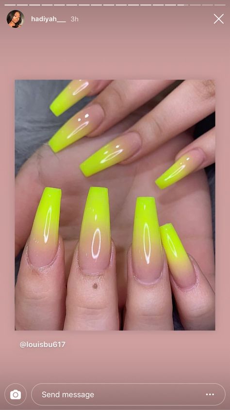 Ombre Neon Yellow Nails, Neon Ballerina Nails, Nail Ideas Neon, Neon Yellow Acrylic Nails, Yellow Ombre Nails, Baby Boomer Nails, Neon Yellow Nails, Baby Boomers Nails, Yellow Nails Design