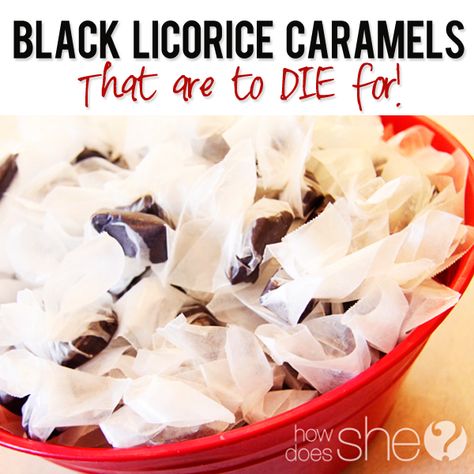 If you like Black Licorice you will LOVE these Black Licorice Caramels! Seriously, I'm addicted! ;) Recipe at HowDoesShe.com Caramel Treats, Licorice Candy, Holiday Dishes, Black Licorice, Caramel Recipes, Homemade Candies, Candy Making, Sweets Treats, Candy Recipes