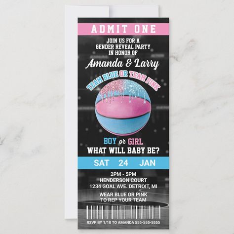 Basketball Gender Reveal Invitations, Basketball Gender Reveal Ideas For Party, Basketball Gender Reveal, Cmyk Ink, Basketball Tickets, Baby Vision, Basketball Baby, Gender Reveal Themes, Team Pink