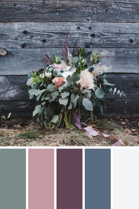 Mauve, Pink and Blue Bridal Bouquet with Eucalyptus | Ashley Carlascio Photography | This boho bridal bouquet from a wedding at Gardener Ranch, a premiere wedding venue in California, is one of my favorites! It included peach, pink, blue and white florals all tied together with lush eucalyptus stems and pampas grass! Save this for wedding bouquet inspiration and see more from this wedding on the blog. #californiaphotographer #californiawedding #californiaweddingphotographer Mauve Pink And Navy Blue Wedding, Mauve Eucalyptus Wedding, Bridal Bouquet Color Schemes, Mauve Blue And Green Wedding, Mauve Blue White Wedding, Mauve Navy Sage Wedding, Mauve And Eucalyptus Wedding, Pink Blue Sage Wedding, Dusty Pink Wedding Palette