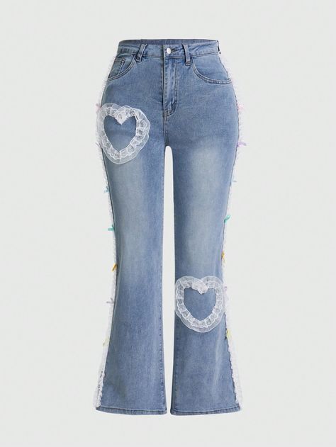 ROMWE Kawaii Women's Flared Jeans With Mushroom Hem, Heart And Side Bow DecorationsI discovered amazing products on SHEIN.com, come check them out! Women's Flared Jeans, Bow Decorations, Pretty Sneakers, Jeans Design, Womens Flare Jeans, Flair Jeans, Woman Dress, Pants Design, Designer Jeans