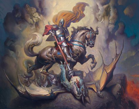 undefined Petar Meseldzija, Saint George And The Dragon, Posca Art, Legends And Myths, San Michele, Contemporary Illustration, Knight Art, Fantasy Paintings, Saint George