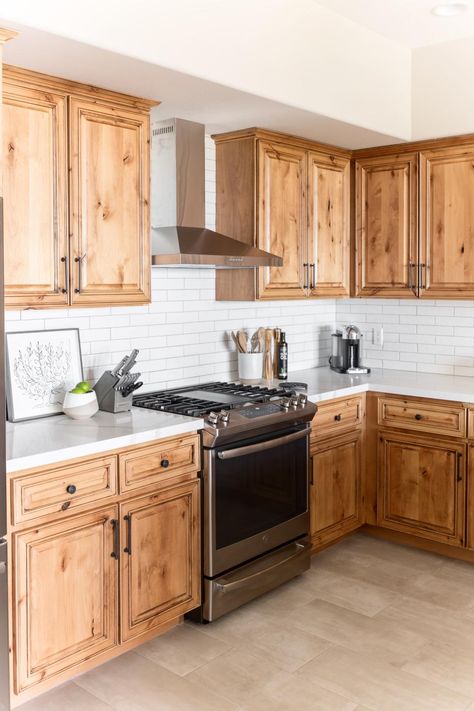 Hickory Kitchen Cabinets, Hickory Kitchen, Hickory Cabinets, Light Floors, Rustic Kitchen Cabinets, Cabinets White, Brown Cabinets, Rustic Modern Kitchen, White Appliances