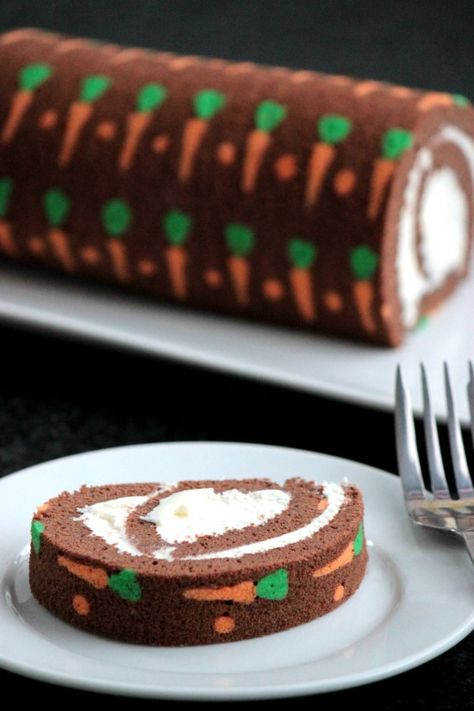 Chocolate Carrot Swiss Roll Cake Carrots Baked, Easter Desserts Cake, Cake Tattoo, Roll Cakes, Swiss Roll Cake, Cake Rolls, Cake Roll Recipes, Tattoo Process, Chocolate Roll