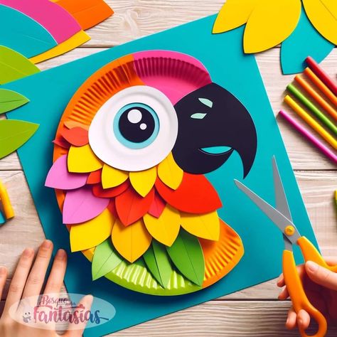 Tucan Crafts Preschool, Paper Plate Rainforest Animals, Parrot Crafts For Kids, Paper Plate Crafts For Kids Easy, Brazil Crafts, Parrot Craft, Crazy Hair Day, Animal Crafts For Kids, Crazy Hair Day At School