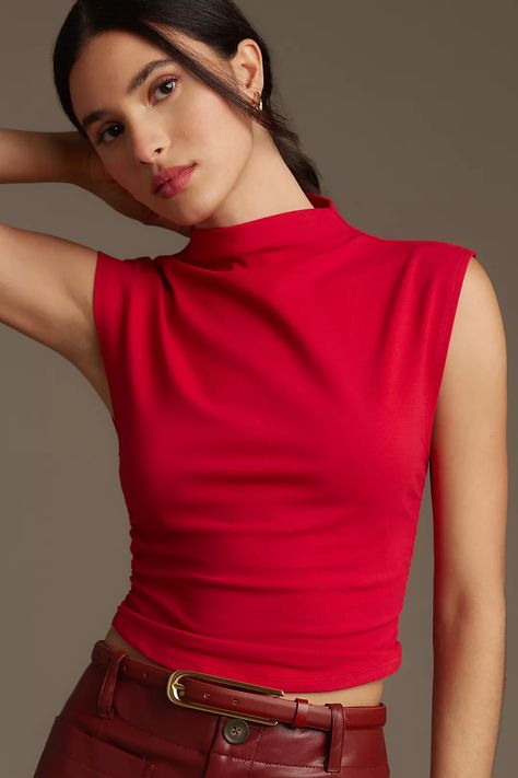 Reformation Lindy Knit Top | Anthropologie Red Top Outfit, Fitted Crop Top, Tøp Aesthetic, The Reformation, Feminine Blouses, Red Fits, Mock Neckline, Red Top, Red Shirt