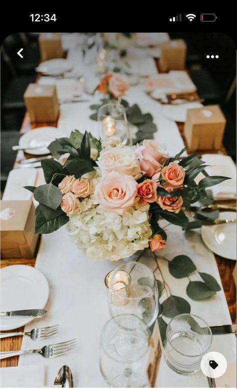 Dusty Rose And Peach Wedding Flowers, Peach Table Runner Wedding, Eucalyptus And Peach Wedding, Sage Green And Peach Wedding Decor, Peach And Ivory Wedding Theme, Mauve Peach Wedding, White And Peach Wedding Decor, Peach Centerpiece Wedding, Wedding Decor Peach