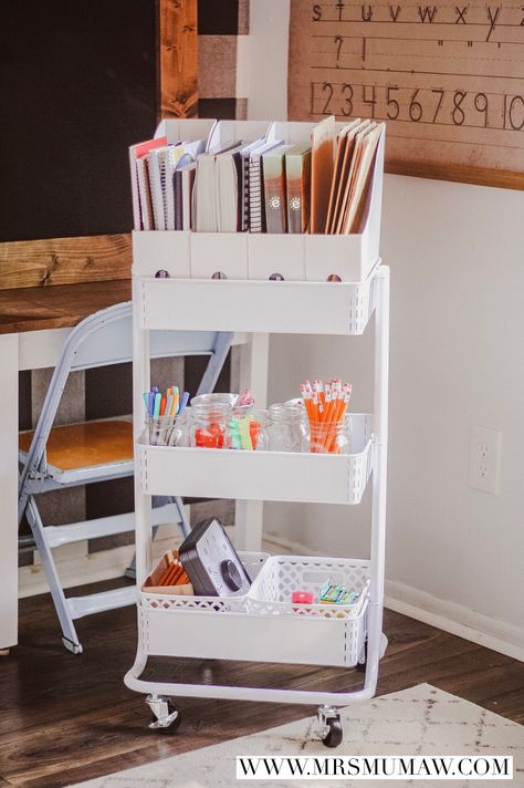 Homework Cart, Organizing Aesthetic, Kids Desk Organization, Teacher Cart, Notebooks School, Organizing Kitchen, Kitchen Organization Ideas, Organization Cart, Art Cart