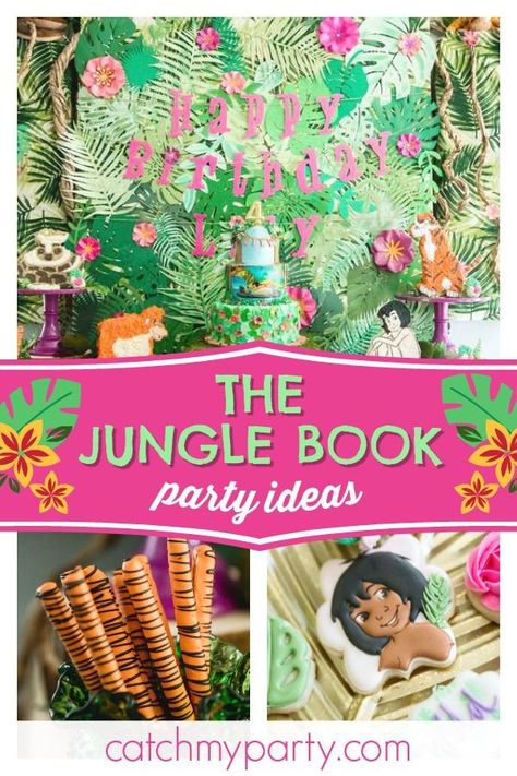 Take a look at this magical Jungle Book birthday party! The birthday cake and cookies are stunning!! See more party ideas and share yours at CatchMyParty.com  #catchmyparty #partyideas #thejunglebook #girlbirthdayparty #jungleparty #junglebirthday #animals Jungle Book Printables, The Jungle Book Birthday Party, Jungle Book Party Food, Jungle Book Party Ideas, Tarzan Party, Book Party Ideas, Jungle Book Birthday Party, Jungle Book Birthday, Book Birthday Party