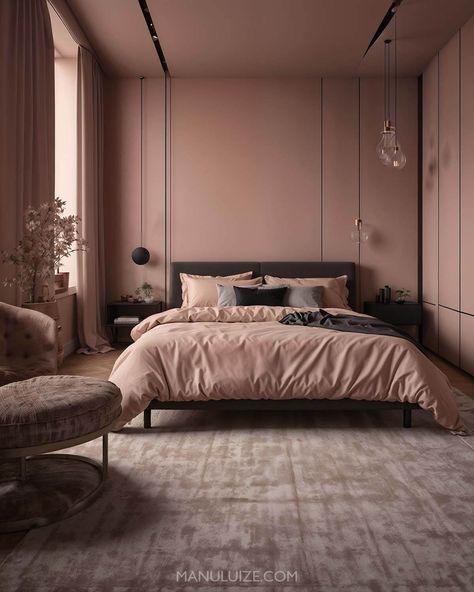 Here's a guide to incorporating dusty pink into your bedroom decor with 35 modern bedroom decor ideas to surprise you! #pinkbedroom #interior Ideas for: light pink bedrooms, grey and pink bedroom ideas, blue and pink bedroom, green and pink bedroom, pink bedroom aesthetic, white and pink bedroom, pink bedroom ideas, black and pink bedroom, girly pink bedroom, pink bedroom decor, sage green and pink bedroom, blush pink bedroom, dusty pink bedroom. Black And Dusty Pink Bedroom, Pink Bedroom With Dark Wood Furniture, Pink And Charcoal Bedroom, Dusty Pink Feature Wall Bedroom, Black And Dusty Rose Bedroom, Dark Blush Bedroom, Dusty Pink And Blue Bedroom, Dust Pink Bedroom, Dusty Pink Room Ideas