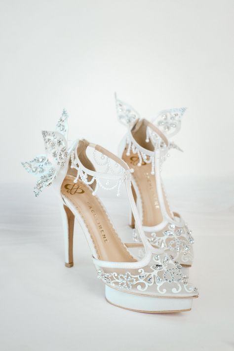 Meet, VALEZKA, the delicate beauty of a butterfly is captured in every detail adorning these enchanting shoes. A top the shoes, a glistening pearls reflecting the grace and charm of these enchanting creation. Cinderella Inspired Shoes, Homecoming Shoes, Butterfly Crystal, Bridal Heels, Delicate Beauty, Magical Wedding, Grad Dresses, Wedding Heels, The Grace