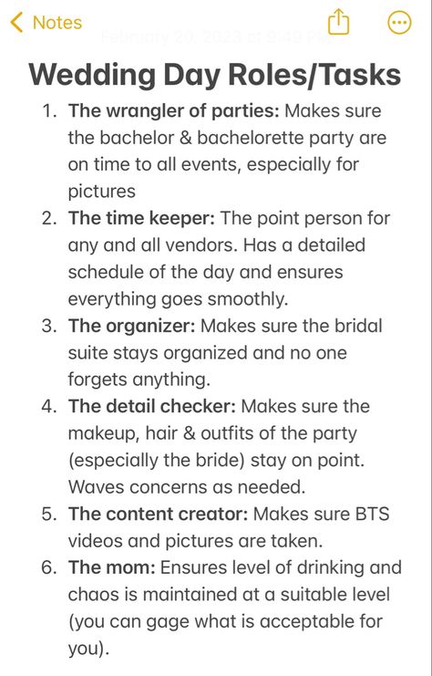 Bridal Party Expectations, Bridal Party Lineup, Tasks For Bridesmaids, Wedding Day Tasks To Delegate, Wedding Party Jobs, Bridal Party Meet And Greet Ideas, Bridal Party Duties, Bridal Party Names, Bridesmaid Tasks List