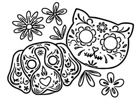 Coloring page The Day of the Dead : Dog and cat 12 Hulk Coloring Pages, Mexican Art Tattoos, Sugar Skull Cat, Skull Coloring Pages, Dead Dog, Day Of The Dead Art, The Day Of The Dead, Disney Tattoo, Dog Coloring Page