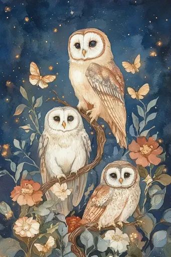 ↑↑↑ Larger size on website 🔸 Three owls are perched on branches of a leafy tree under a starry night sky. The owls are painted in Owl Artwork, A Starry Night, Round Eyes, Owl Painting, Starry Night Sky, Image Generator, Muted Colors, Deep Green, Animal Paintings