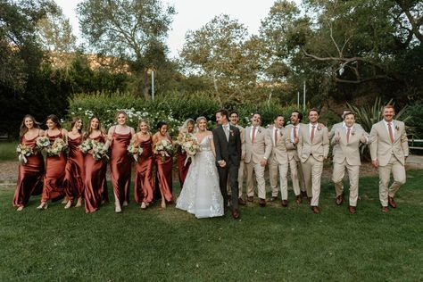 Wedding Party Photos Terracotta, Copper And Tan Wedding Party, Men’s Wedding Party Suits, Boho Fall Wedding Groomsmen, Terracotta Themed Wedding, Rustic Wedding Terracotta, Rust Wedding Party Bridesmaid Dress, Terracotta And Green Wedding Theme, Terracotta Bridesmaid Dress With Groomsmen