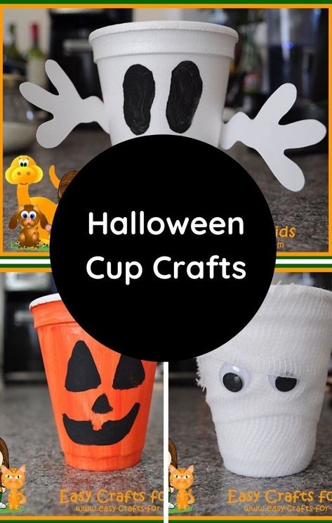 Styrofoam Cup Crafts for Halloween - ghost cup craft, pumpkin cup craft Halloween Cup Decorations, Styrofoam Cup Crafts, Halloween Crafts Pumpkins, Dixie Cup Crafts, Cup Crafts For Kids, Pumpkin Craft For Kids, Crafts For Halloween, Halloween Party Cups, Ghost Cup