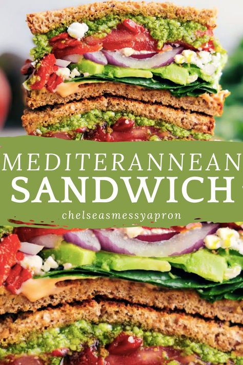 Easy, vegetarian Mediterranean Sandwich—pile veggies, creamy feta cheese, and basil pesto on hearty bread. #lunch #best #quick #easy #simple #lunch #ideas #mediterranean #sandwich Mediterranean Diet Sandwich Recipes, Mediterranean Diet Sandwiches, Easy Simple Lunch, Pesto Sandwich Recipe, Simple Lunch Ideas, Mediterranean Sandwich, Mediterranean Bread, Ham Sandwich Recipes, Hearty Bread