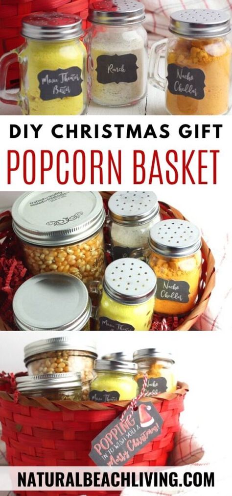 Popcorn DIY Christmas Gift Basket with Free Popcorn Labels - Natural Beach Living Popcorn Christmas Gifts, Popcorn Diy, Popcorn Basket, Cheap Homemade Gifts, Popcorn Gift Basket, Popcorn Christmas, Movie Basket Gift, Popcorn Labels, Homemade Gift Idea