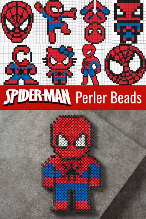 Perler Spiderman, Spiderman Perler Beads Pattern, Melty Bead Spiderman, Spider Man Perler Bead Pattern, Pyssla Ideas Spiderman, Perler Beads Spiderman, Spiderman Perler Beads, Pearl Beads Pattern Spiderman, Spiderman Crafts